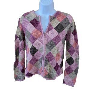 Patchwork Cardigan Sweater  Multicolor Crochet Knit Zip-Front boho cottagecore